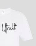 White women's FC Utrecht pajama T shirt with Utrecht script across the chest