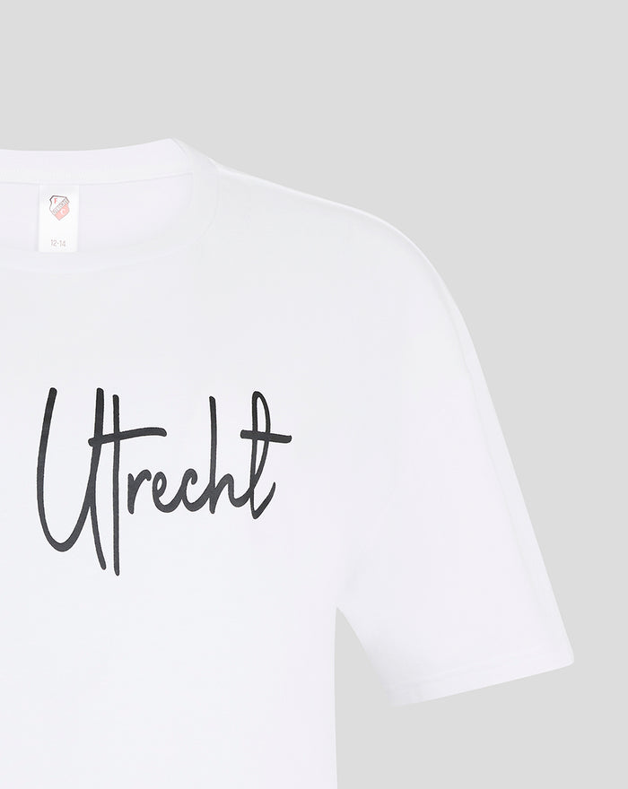 White women's FC Utrecht pajama T shirt with Utrecht script across the chest