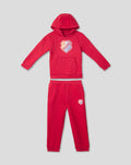 Kids red FC Utrecht lifestyle hoodie and joggers set with chest shield logo and thigh patch.