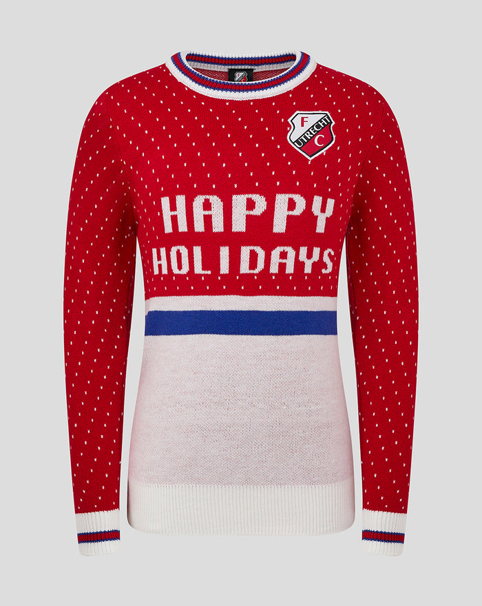 Front view of red junior FC Utrecht Christmas sweater with the Happy Holidays slogan and crest.