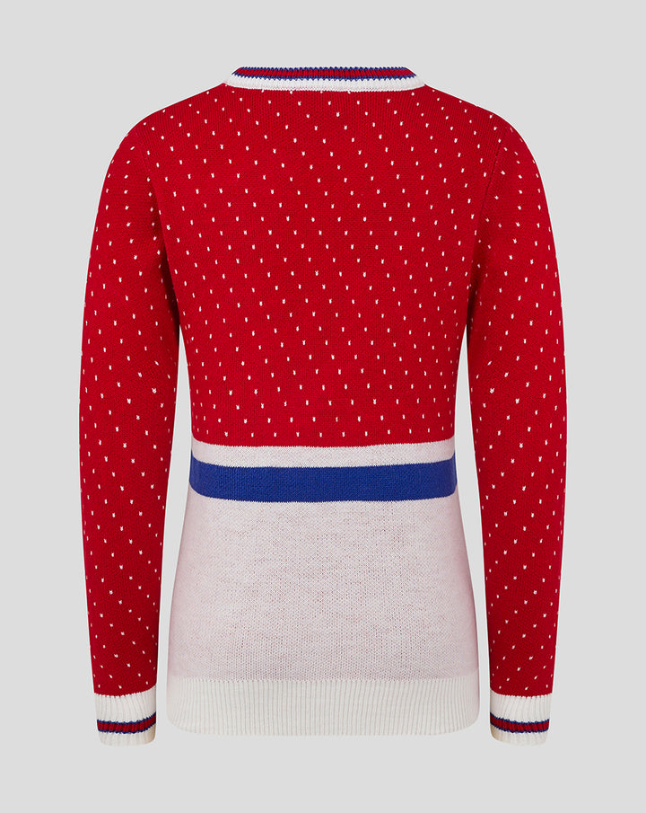 Back view of red FC Utrecht Junior Christmas sweater with white dotted pattern and blue white striped hem.