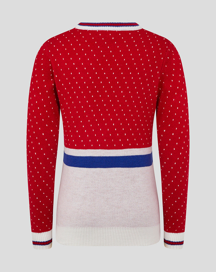 Back view of red FC Utrecht Junior Christmas sweater with white dotted pattern and blue white striped hem.