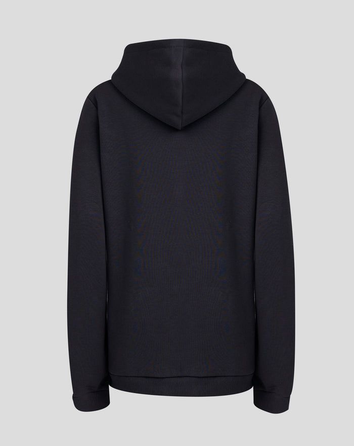 Back view of a black FC Utrecht Lifestyle junior hoodie with the hood up