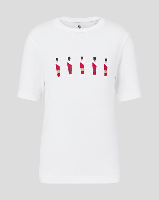 White junior FC Utrecht tafelvoetbal T-shirt featuring five stylized players across the chest.