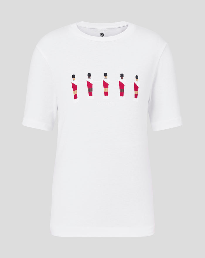 White junior FC Utrecht tafelvoetbal T-shirt featuring five stylized players across the chest.