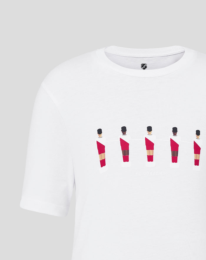 White junior FC Utrecht Tafelvoetbal T shirt with a row of stylized players printed on the front