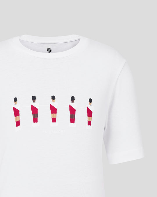 White junior FC Utrecht Tafelvoetbal T shirt featuring a row of stylized players on the front graphic