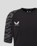 Close up of black FC Utrecht training shirt showing camo pattern on sleeves and crest on chest