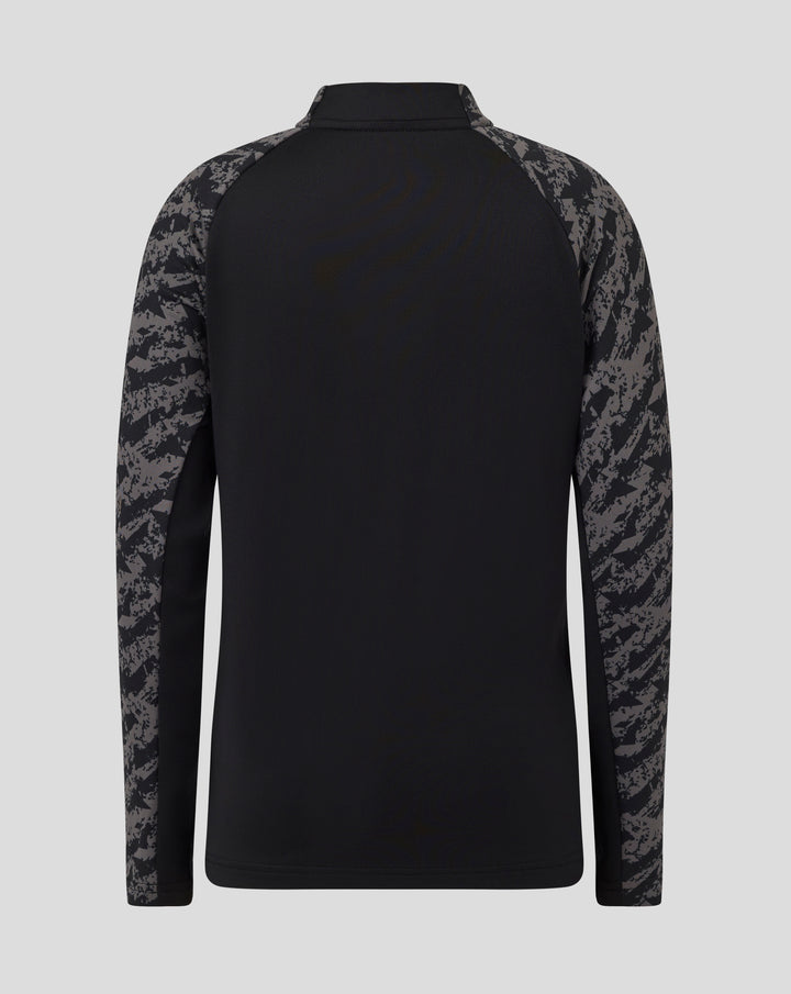 Back view of black junior FC Utrecht training midlayer top with camo sleeves and high collar.