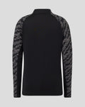 Back view of black junior FC Utrecht training midlayer top with camo sleeves and high collar.