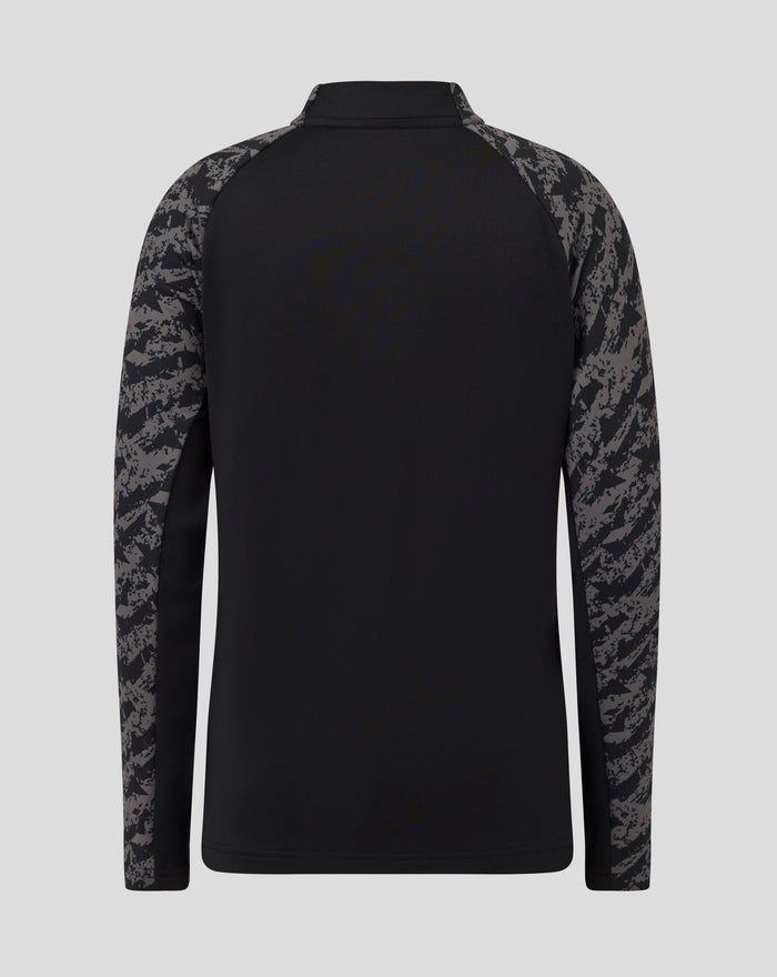Back view of black junior FC Utrecht training midlayer top with camo sleeves and high collar.