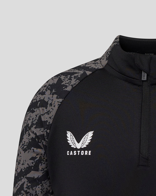 Junior zwarte FC Utrecht trainingsmidlayer top met camouflage op de schouders en het Castore logo op de borst