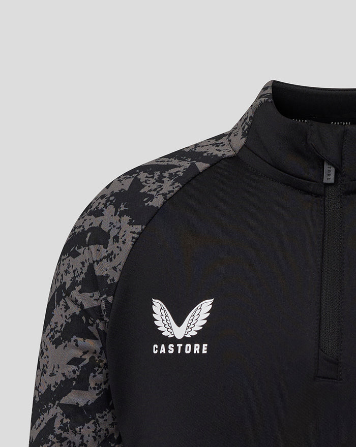 Junior zwarte FC Utrecht trainingsmidlayer top met camouflage op de schouders en het Castore logo op de borst