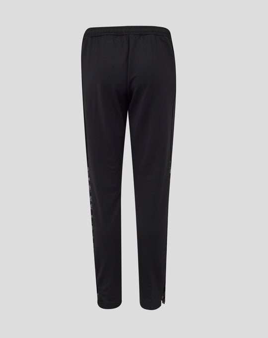 Back view of black FC Utrecht training pants with elastic waistband and patterned side panels.