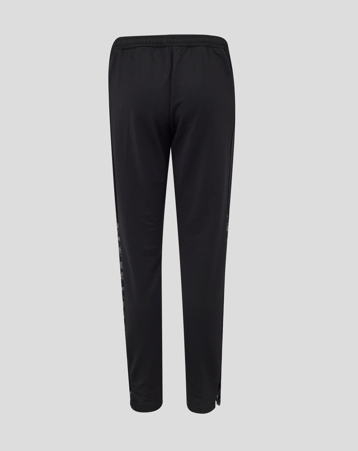 Back view of black FC Utrecht training pants with elastic waistband and patterned side panels.