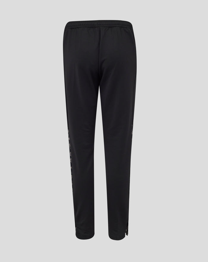 Back view of black FC Utrecht training pants with elastic waistband and patterned side panels.