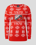 Front view of red FC Utrecht junior Christmas sweater with white snowflakes gifts and crest