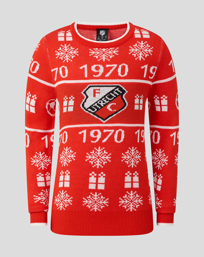 Front view of red FC Utrecht junior Christmas sweater with white snowflakes gifts and crest
