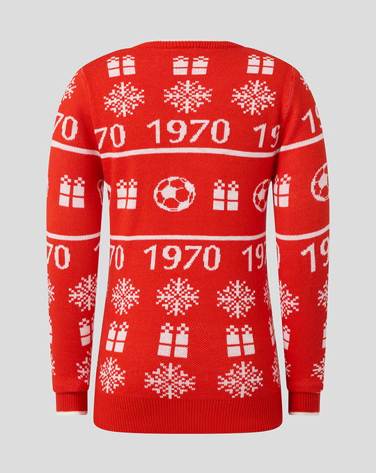 Back view of red FC Utrecht junior Christmas sweater with white snowflakes and gift motifs