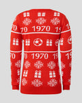 Back view of red FC Utrecht junior Christmas sweater with white snowflakes and gift motifs