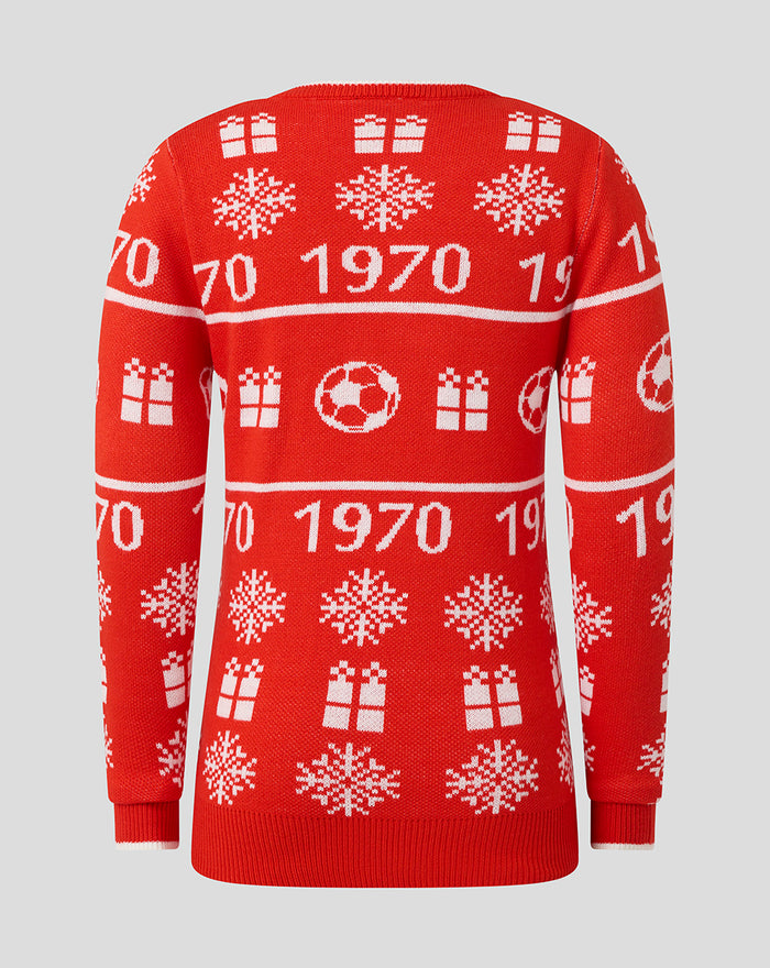 Back view of red FC Utrecht junior Christmas sweater with white snowflakes and gift motifs