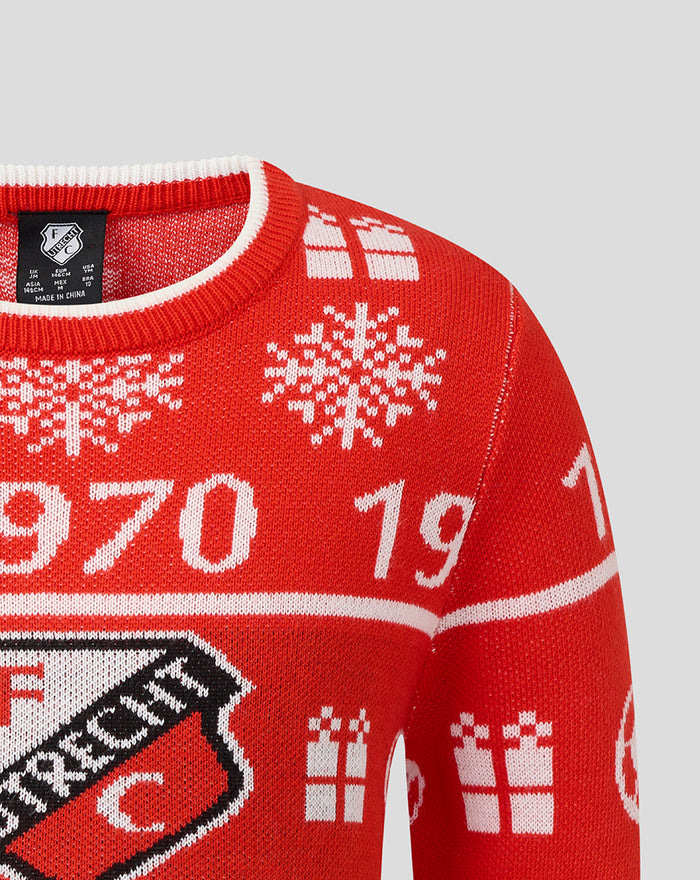 Red FC Utrecht Christmas sweater with white Nordic patterns and numbers, knit close up.