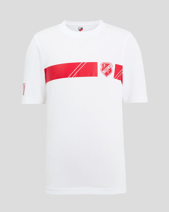 Junior white cotton T shirt with red Utrecht graphic stripe and crest across chest