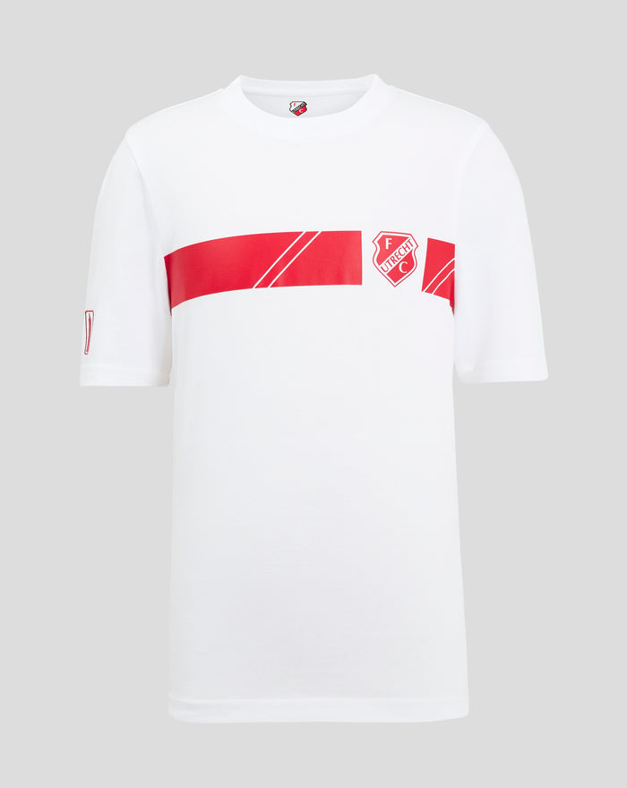 Junior white cotton T shirt with red Utrecht graphic stripe and crest across chest