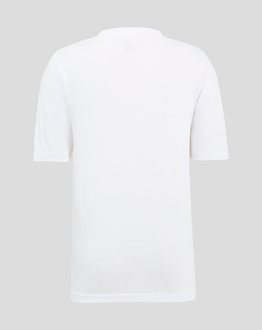 Back view of white FC Utrecht junior cotton T shirt with small logo at the neckline.