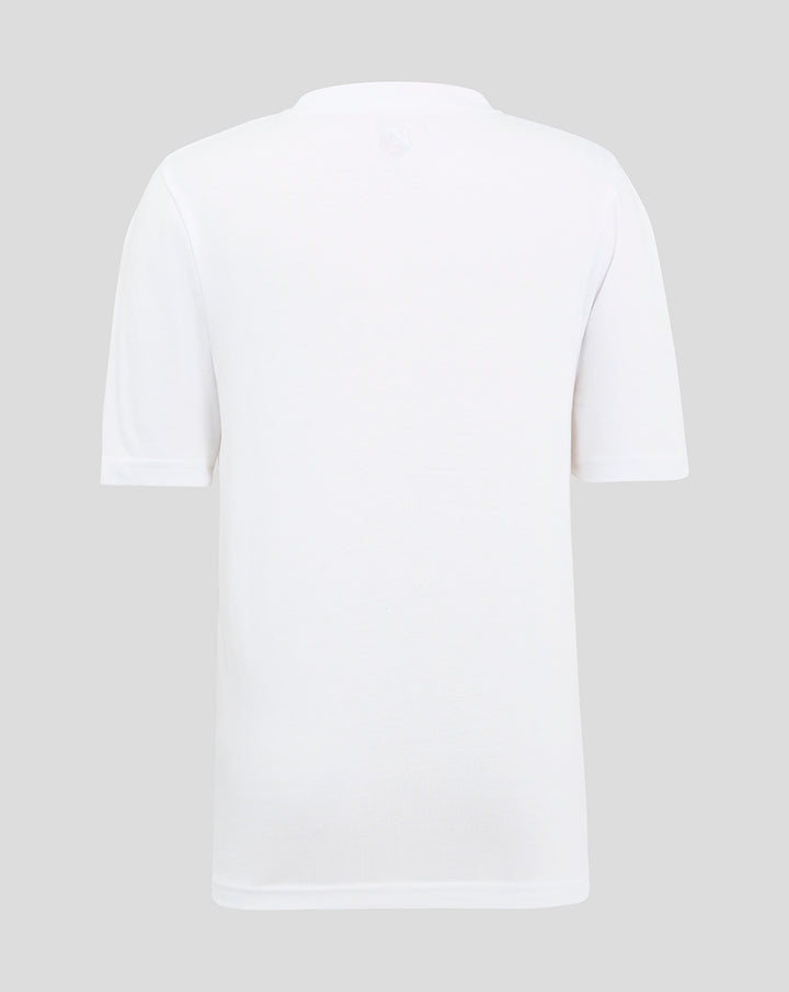 Back view of white FC Utrecht junior cotton T shirt with small logo at the neckline.