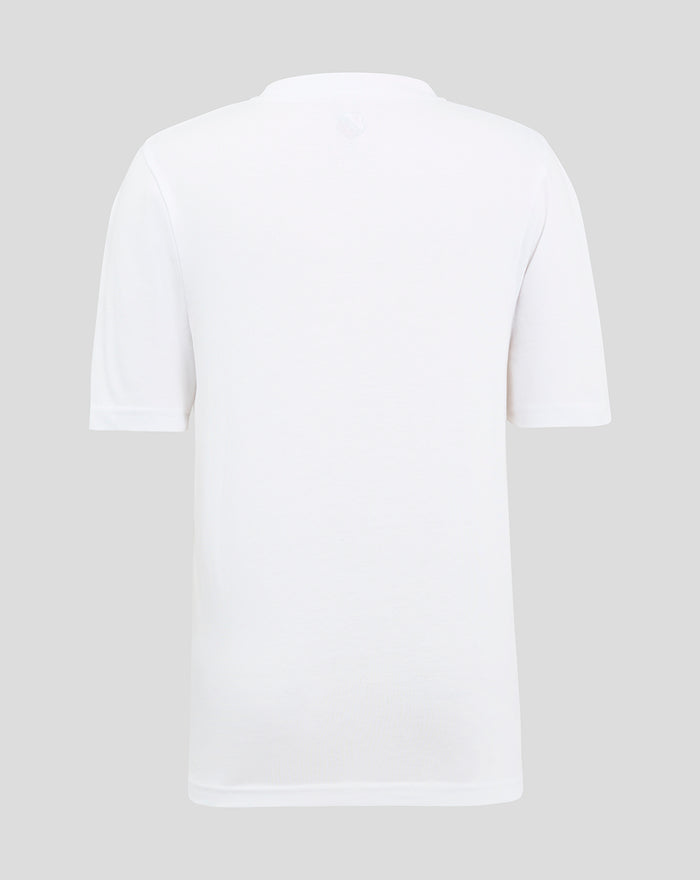 Back view of white FC Utrecht junior cotton T shirt with small logo at the neckline.