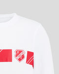 Close-up of white FC Utrecht junior cotton T shirt showing neckline and shoulder with inside neck tag and crest.