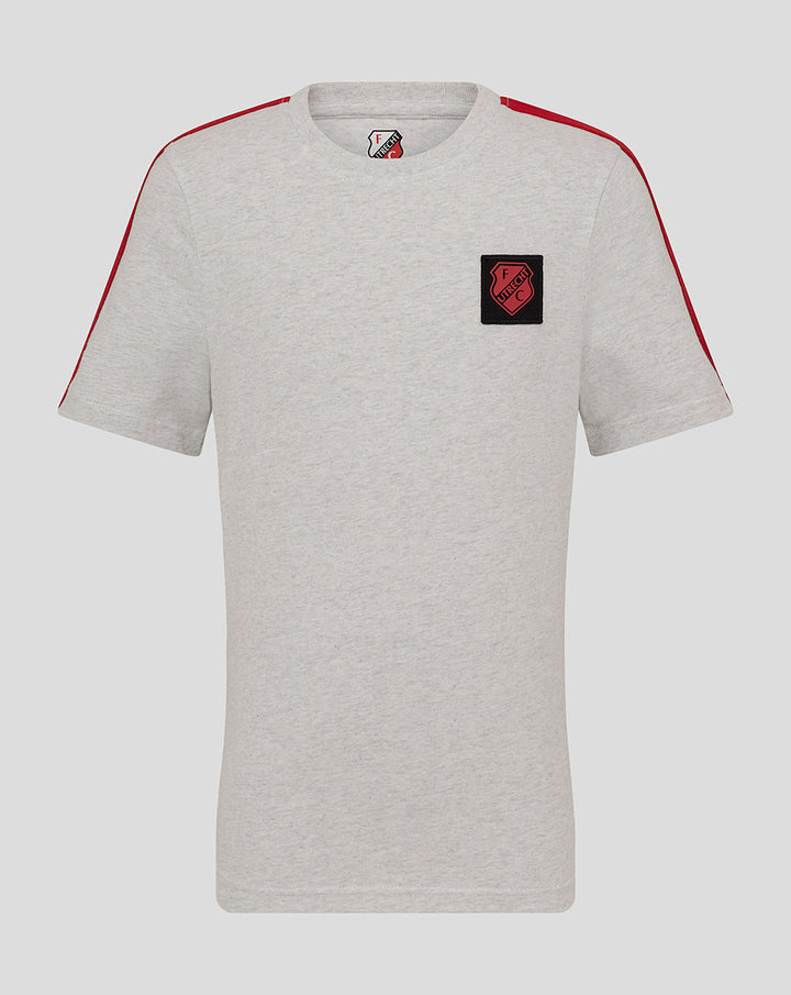 Front view of a light grey heather FC Utrecht junior T-shirt with red shoulder piping and a black crest patch on the chest.