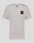 Front view of a light grey heather FC Utrecht junior T-shirt with red shoulder piping and a black crest patch on the chest.