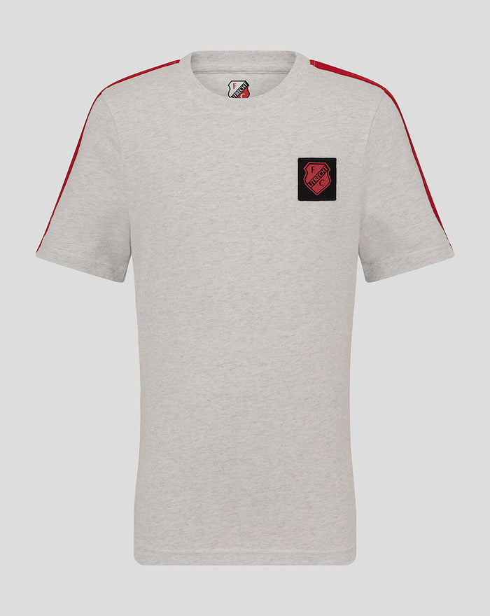 Front view of a light grey heather FC Utrecht junior T-shirt with red shoulder piping and a black crest patch on the chest.