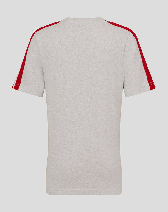 Back view of light grey heather FC Utrecht junior T-shirt with red piping along the shoulders and sleeves.
