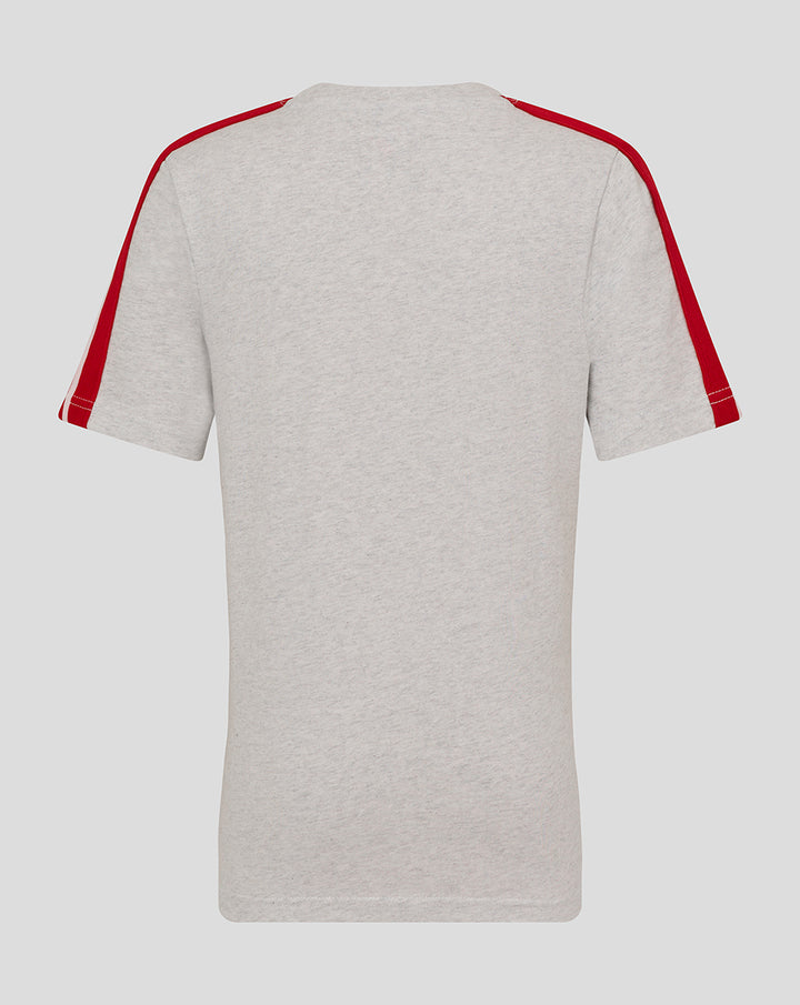 Back view of light grey heather FC Utrecht junior T-shirt with red piping along the shoulders and sleeves.