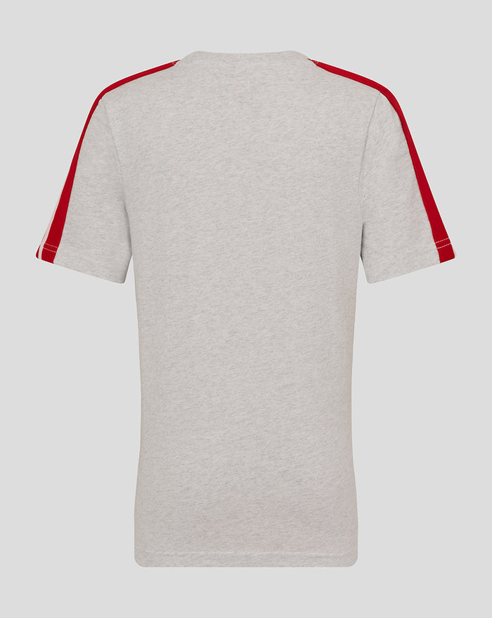 Back view of light grey heather FC Utrecht junior T-shirt with red piping along the shoulders and sleeves.