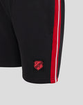 Close up of black shorts showing red side stripe and FC Utrecht badge on the leg