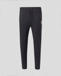 Dark charcoal jogging pants for men with a drawstring waist and a small crest on the thigh