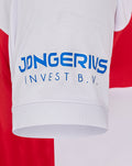 White sleeve with blue Jongerius Invest B.V branding on the FC Utrecht fourth kit