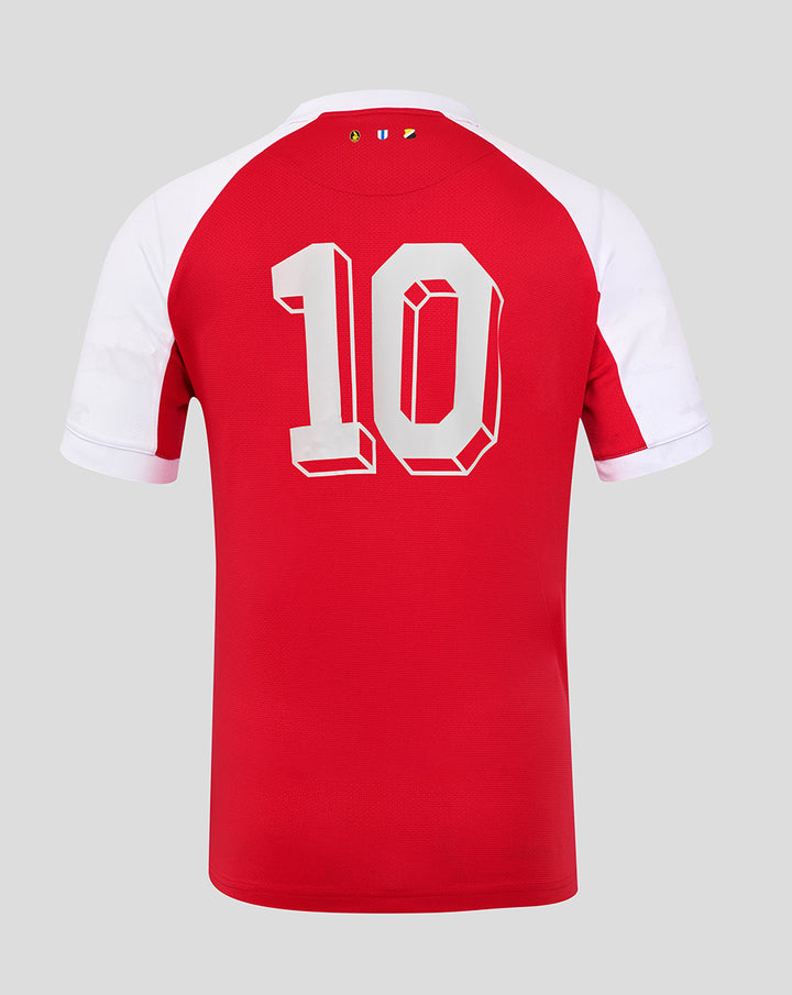 Back view of a red FC Utrecht 24/25 fourth shirt for men with a large white number 10 on the back.