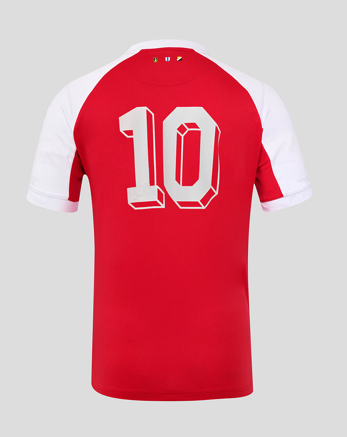 Back view of a red FC Utrecht 24/25 fourth shirt for men with a large white number 10 on the back.