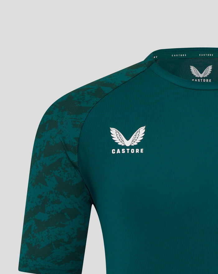 Close up of upper chest on green FC Utrecht training shirt with crest and camouflage sleeves