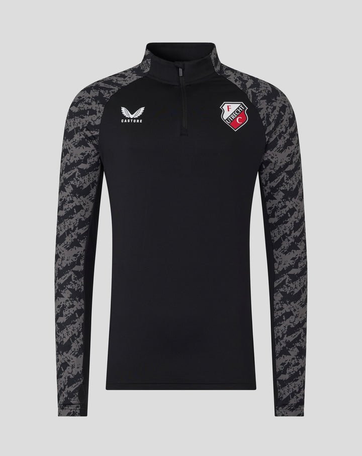 FC Utrecht training midlayer top in black with camouflage sleeves and a quarter zip, featuring the team crest on the chest