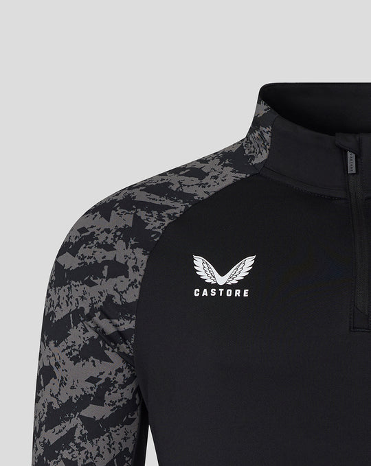 FC Utrecht training midlayer top in black with grey camo sleeves and white Castore logo on the chest.