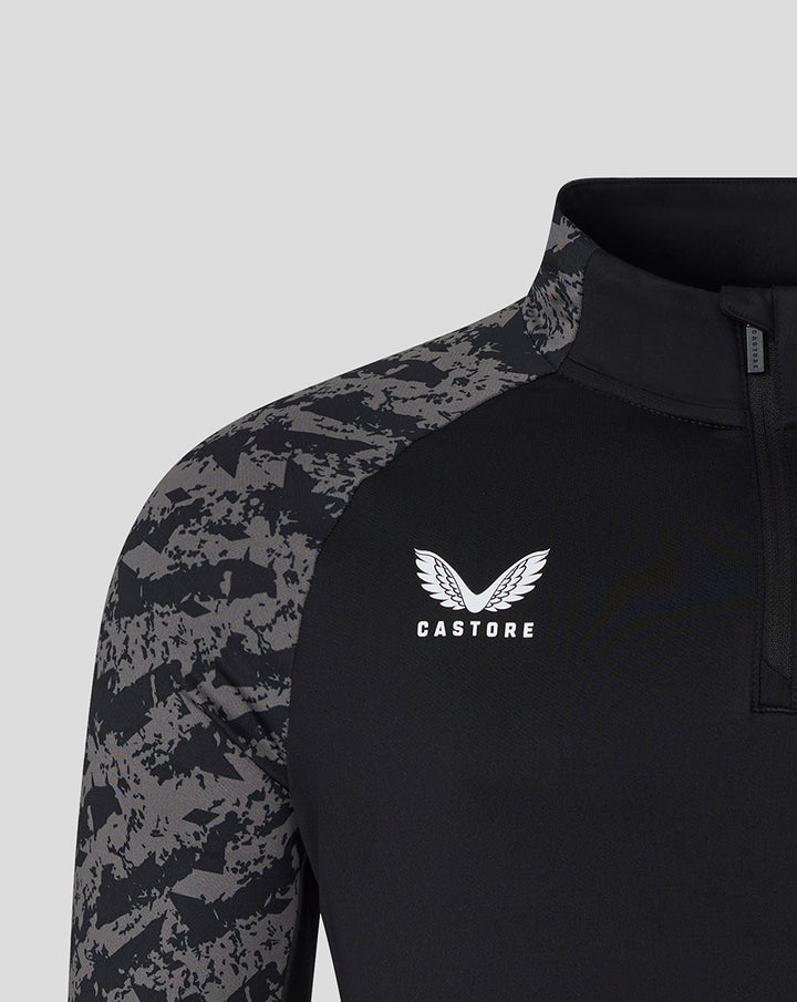 FC Utrecht training midlayer top in black with grey camo sleeves and white Castore logo on the chest.