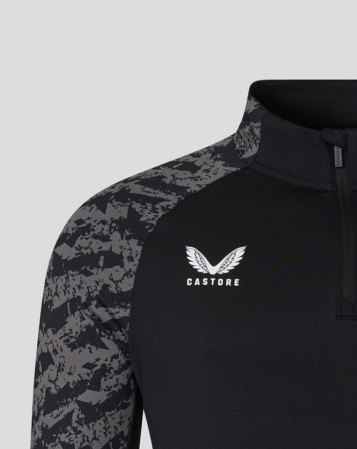 FC Utrecht training midlayer top in black with grey camo sleeves and white Castore logo on the chest.