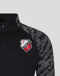 Front view of FC Utrecht training midlayer top with black body camouflage sleeves and the club crest on the chest