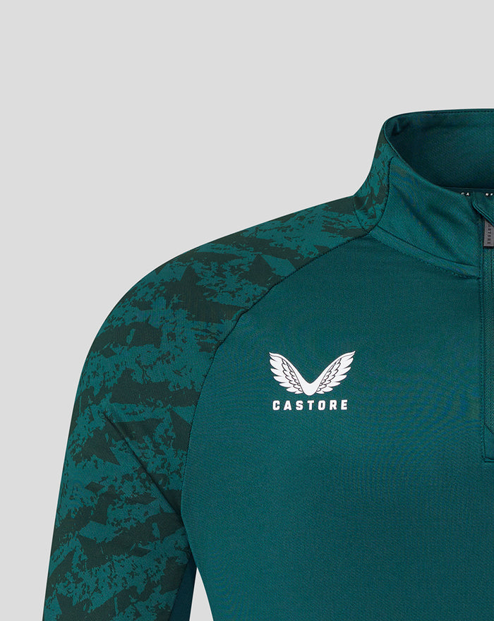 Shoulder close up of green FC Utrecht training top with camo sleeves and Castore branding